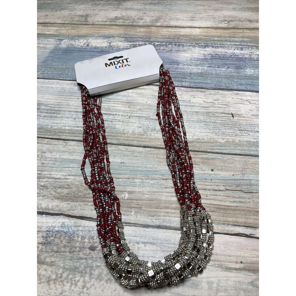 Red Silver Multi-Strand Seed Bead‎ Necklace 16" NWOT
